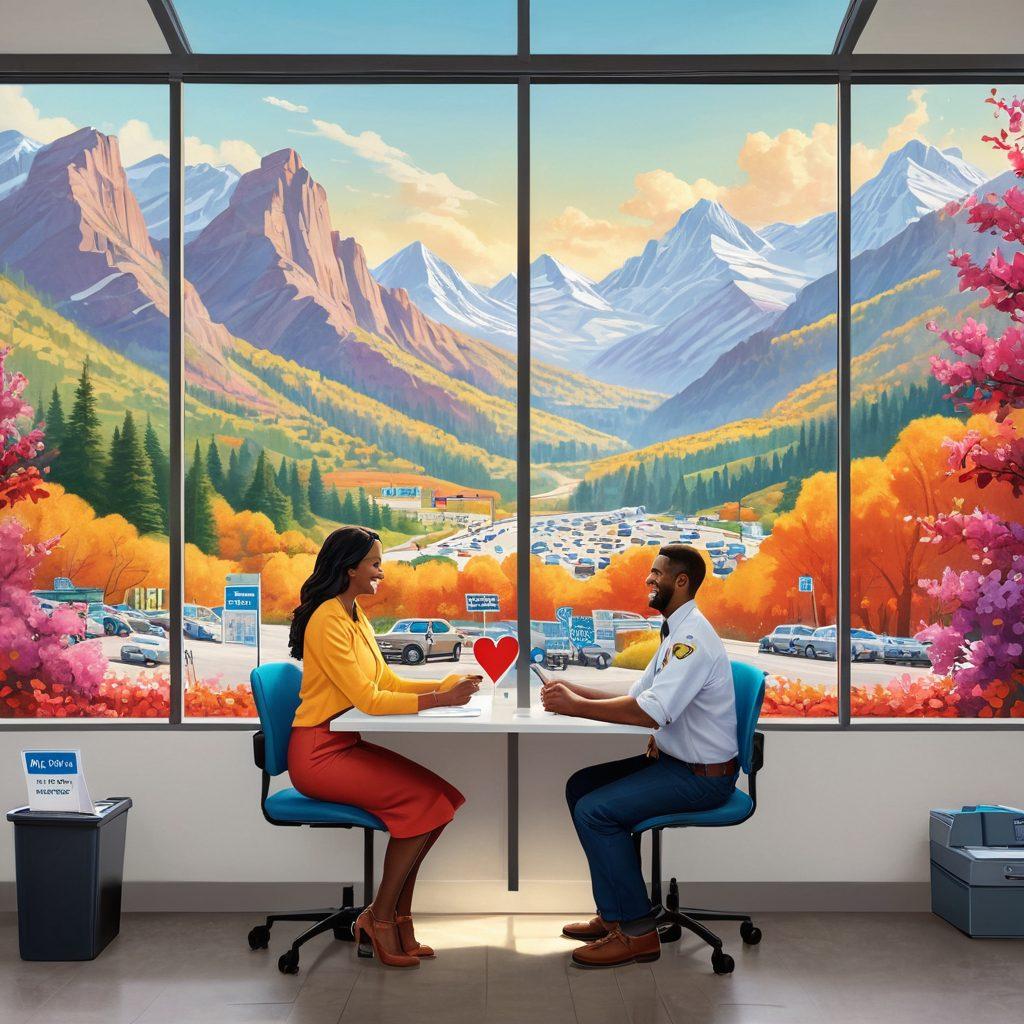 An illustration of a cheerful couple holding hands inside a DMV office, surrounded by vibrant mountains visible through a large window. The scene depicts a friendly DMV clerk assisting them with paperwork, with colorful brochures and road signs in the background. Add elements of romance, such as hearts and flowers subtly integrated into the DMV setting. super-realistic. vibrant colors. white background.