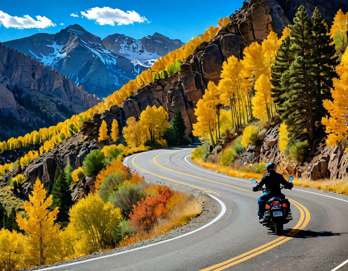 A scenic Colorado landscape with a winding highway stretching through majestic mountains, featuring a couple riding a motorcycle joyfully. Include vibrant autumn colors in the trees and a radiant blue sky. Incorporate elements of DMV services subtly, like road signs and bike license plates. Capture the essence of adventure and love in the open road. super-realistic. vibrant colors.