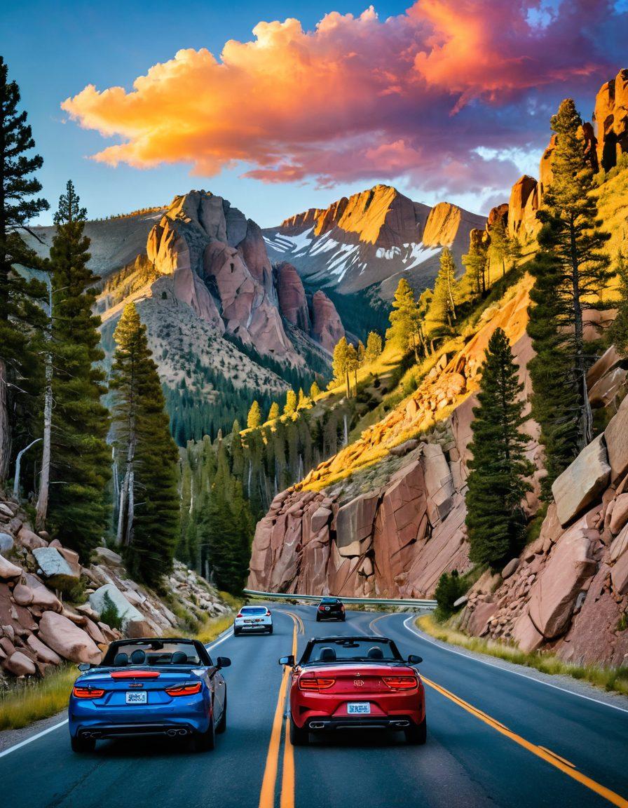 A scenic view of a Colorado mountain road, with a vibrant sunset in the background, showcasing a couple in a convertible car sharing a joyful moment. Include an illustration of DMV services signage subtly in the corner, symbolizing the connection between love and adventure. Elements of nature like pine trees and rocky cliffs frame the road, emphasizing the thrill of driving in Colorado. vibrant colors. super-realistic.
